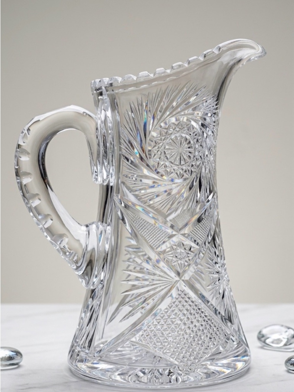 American Brilliant Period Cut Glass Pitcher Pinwheel Hobstar